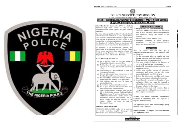 Nigeria Police Force (NPF) Recruitment 2022 for Constables (Nationwide)